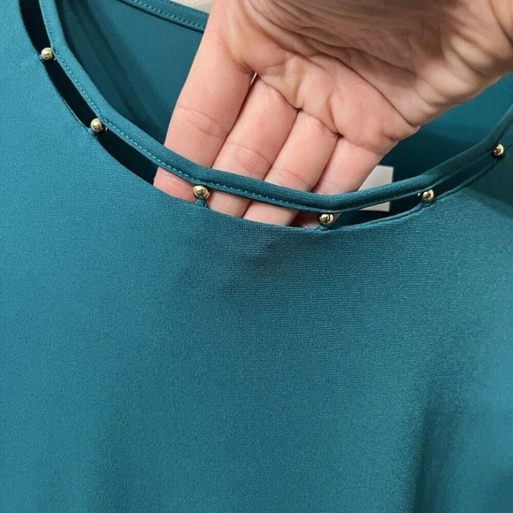Chico’s Women’s Teal Bead Cut-Out Blouse Medium Liquid Knit Long Sleeve - Picture 3 of 6
